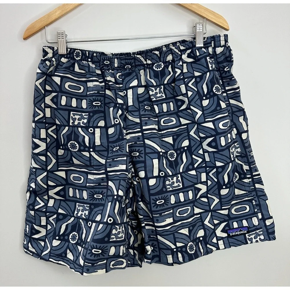 Patagonia Baggies Longs Men's Large New Visions Navy Print Shorts Drawstring - Picture 15 of 16